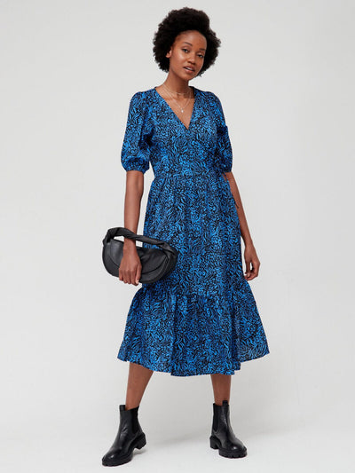 Brave Soul Blue Animal Printed Wrap Midi Dress UK Medium**** V556