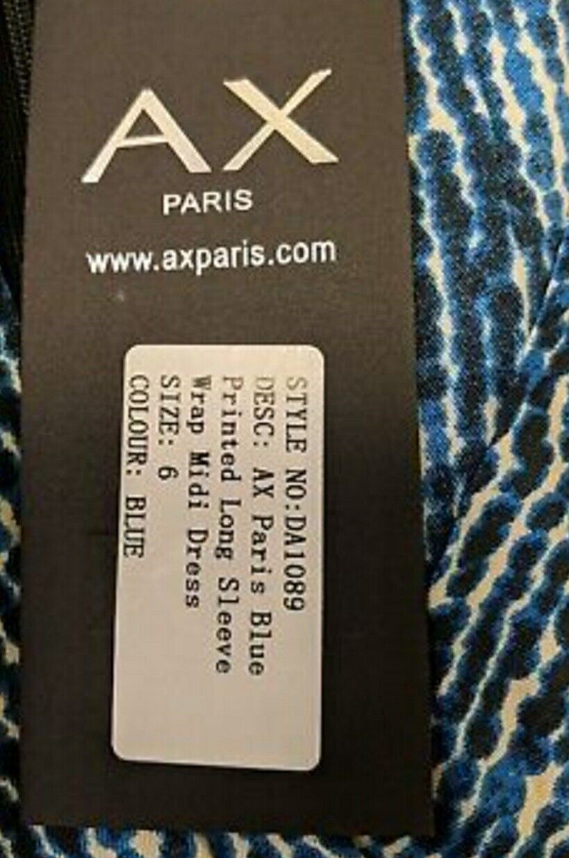 AX Paris Blue Printed Long Sleeve Wrap Midi Dress. UK 6 **** Ref V533