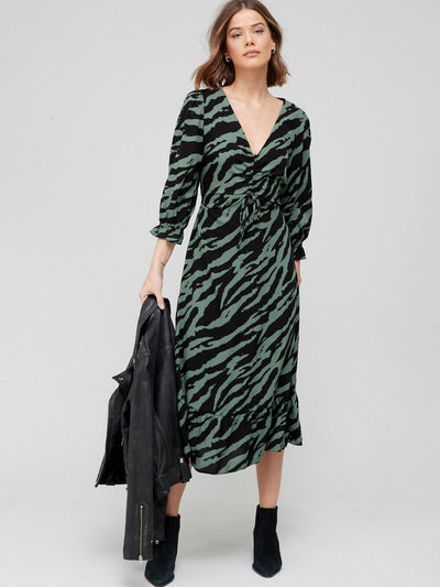 Green Animal Print Ruched Front Midi Dress Size 12 **** V461