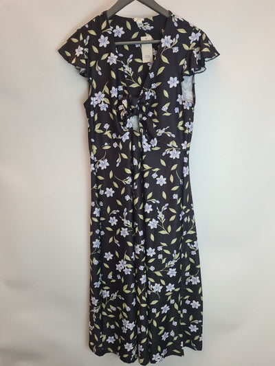 River Island Black Floral Maxi Dress Open-Tie Front Size UK 14 **** V71