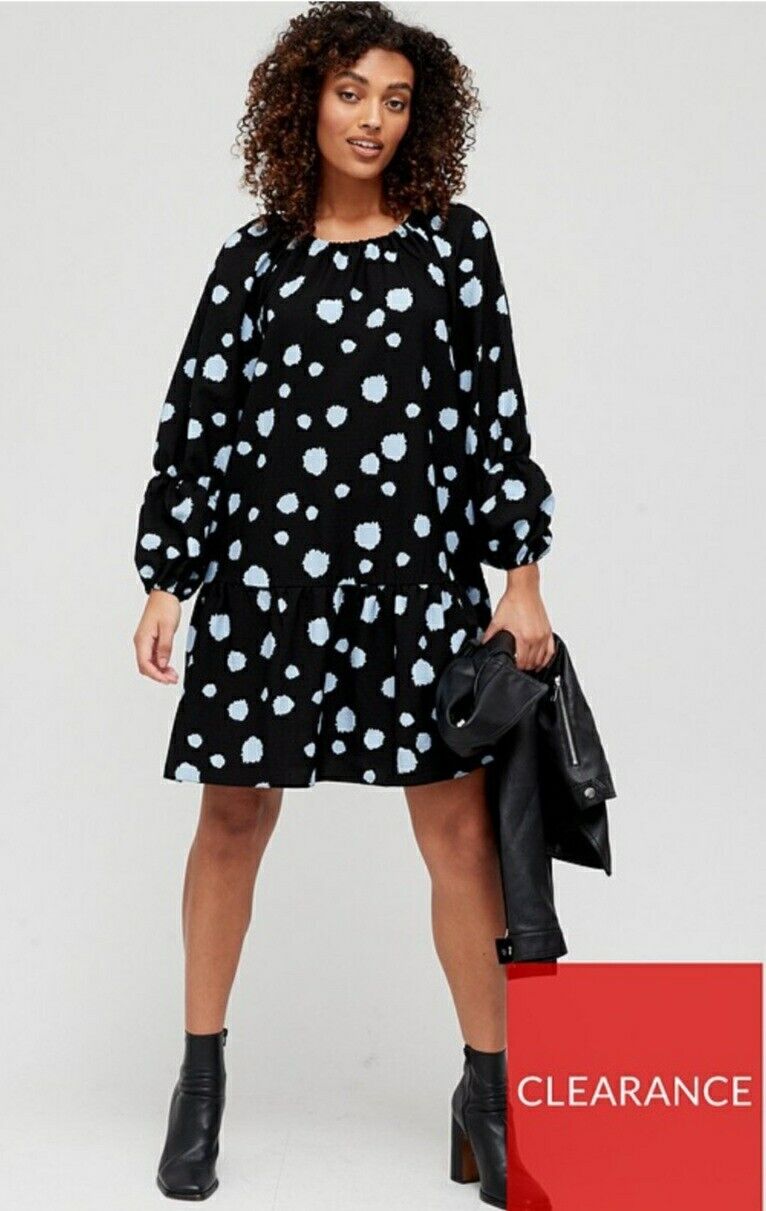 Tiered Sleeve Swing Dress Blue Dot UK 10 ****Ref V481