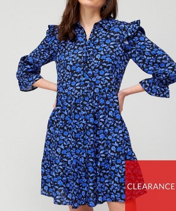 Blue Floral Button Up Shirt Dress Size 12 **** V307
