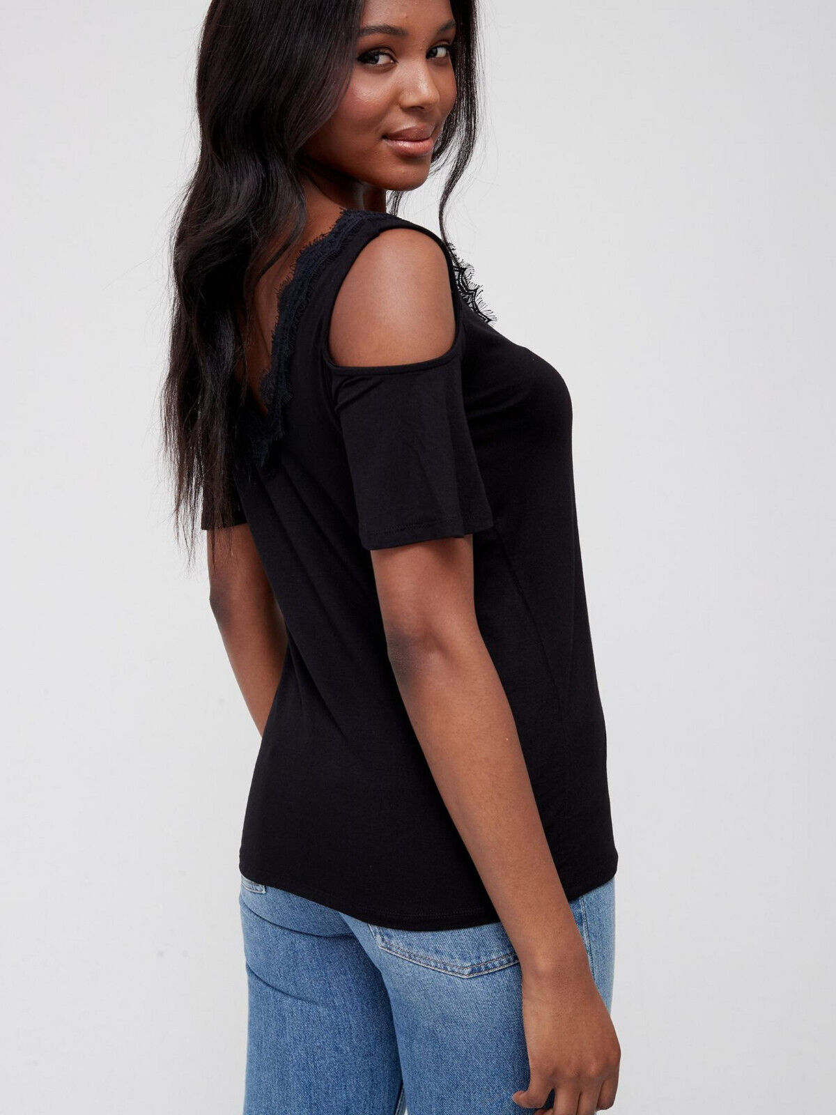 Lace Trim Angel Sleeve Cold Shoulder Top - Black. UK 12. SW21