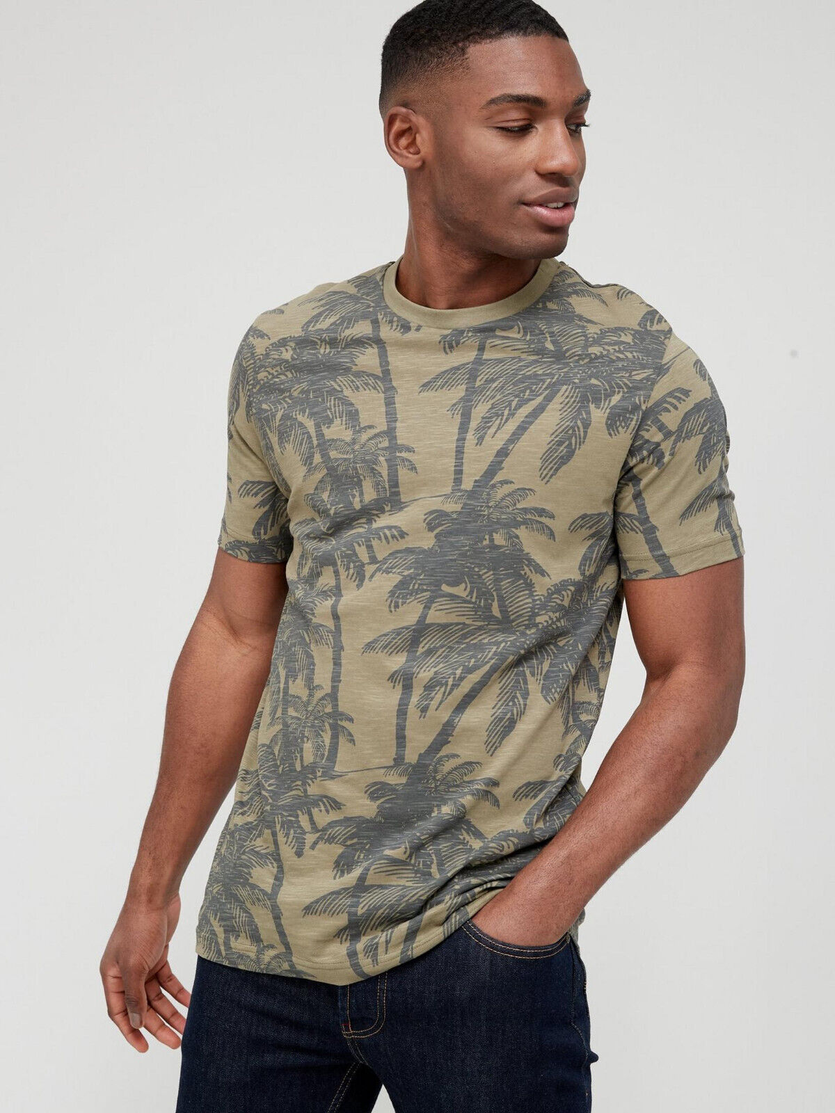 Mens Tropical Print Slub Tshirt - Khaki. UK S. V73