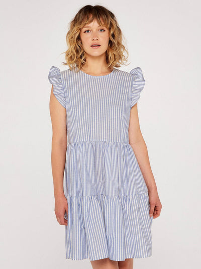 Apricot Mix Blue Stripe Lines Tiered Dress  UK 10.