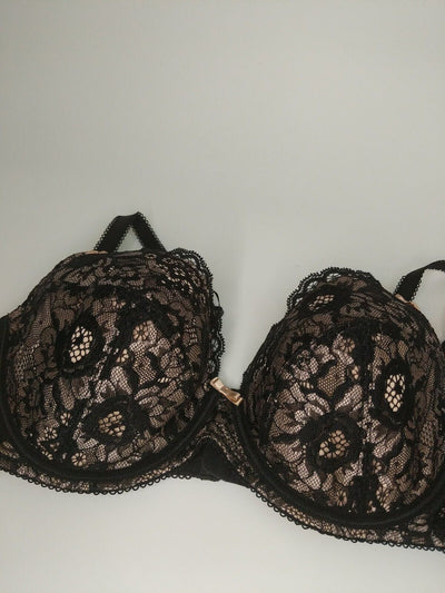 Pour Moi Opulence Underwired Black/Pink Bra Size 34DD **** VA1