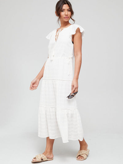 Textured Fabric Angel Sleeve Midi Beach Dress - Off White. UK 10. SW21