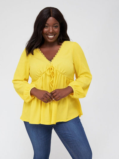 Womens Lace Insert V-Neck Crinkle Top - Yellow. UK 22