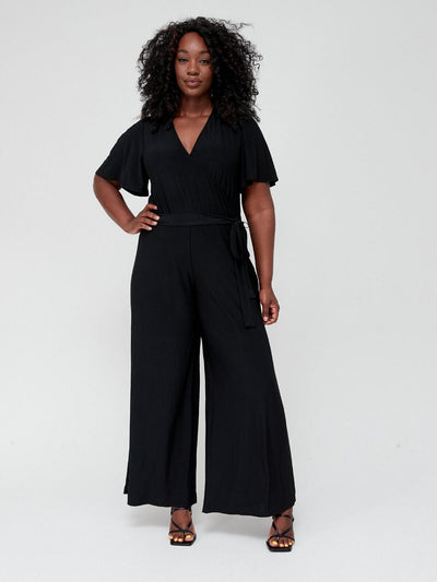 Black Slinky Angel Sleeve Wrap Jumpsuit Size 18 ** V237