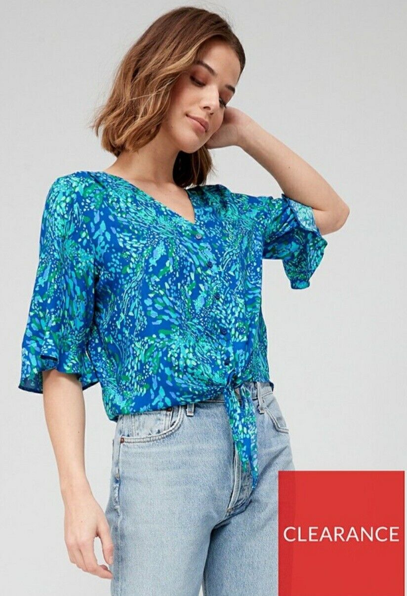 Tie Front Frill Sleeve Shirt Blue Animal Uk20****Ref V431