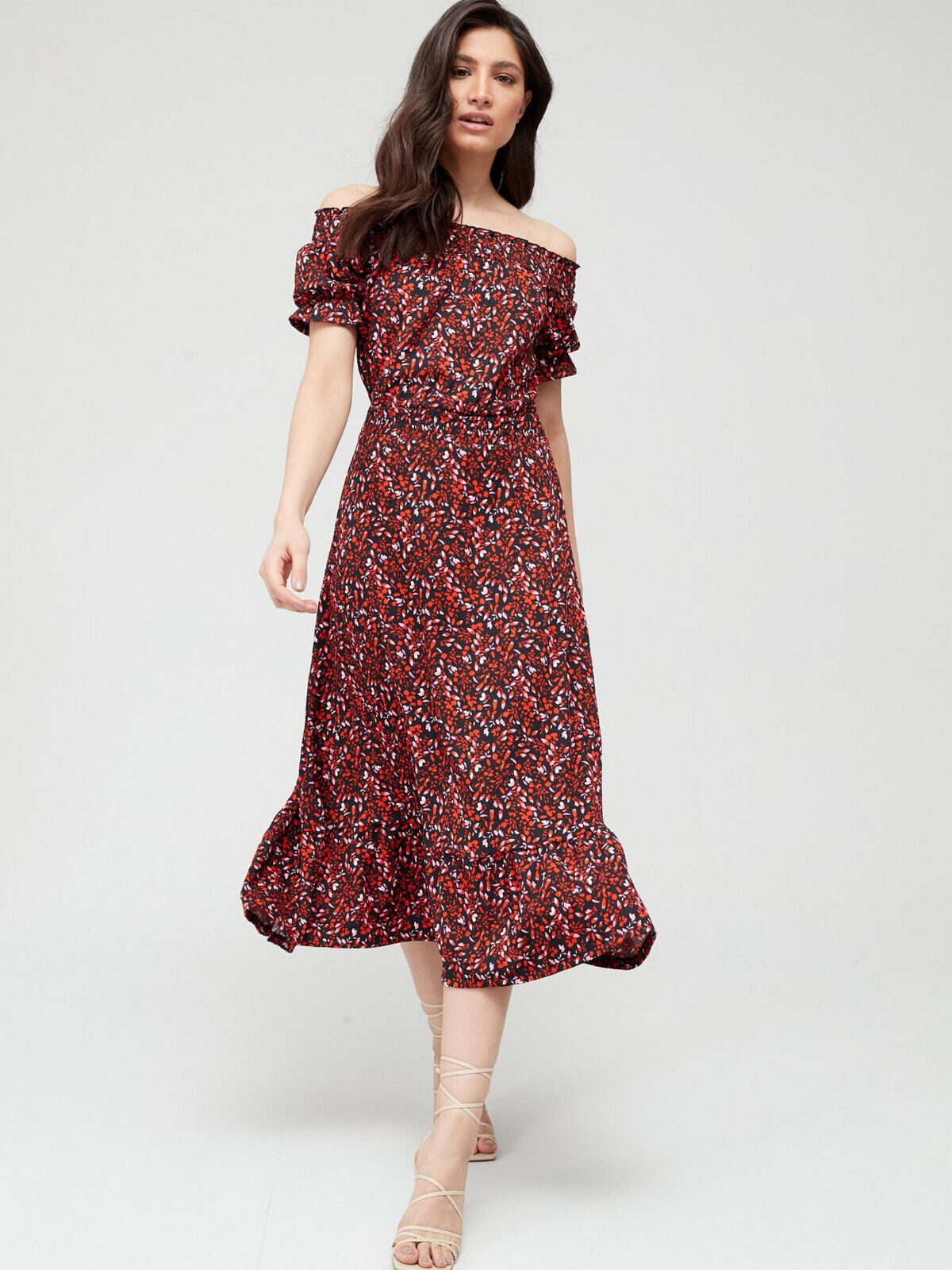 Shirred Waist Bardot Midi Dress - Floral Print. UK 10 . ****V278