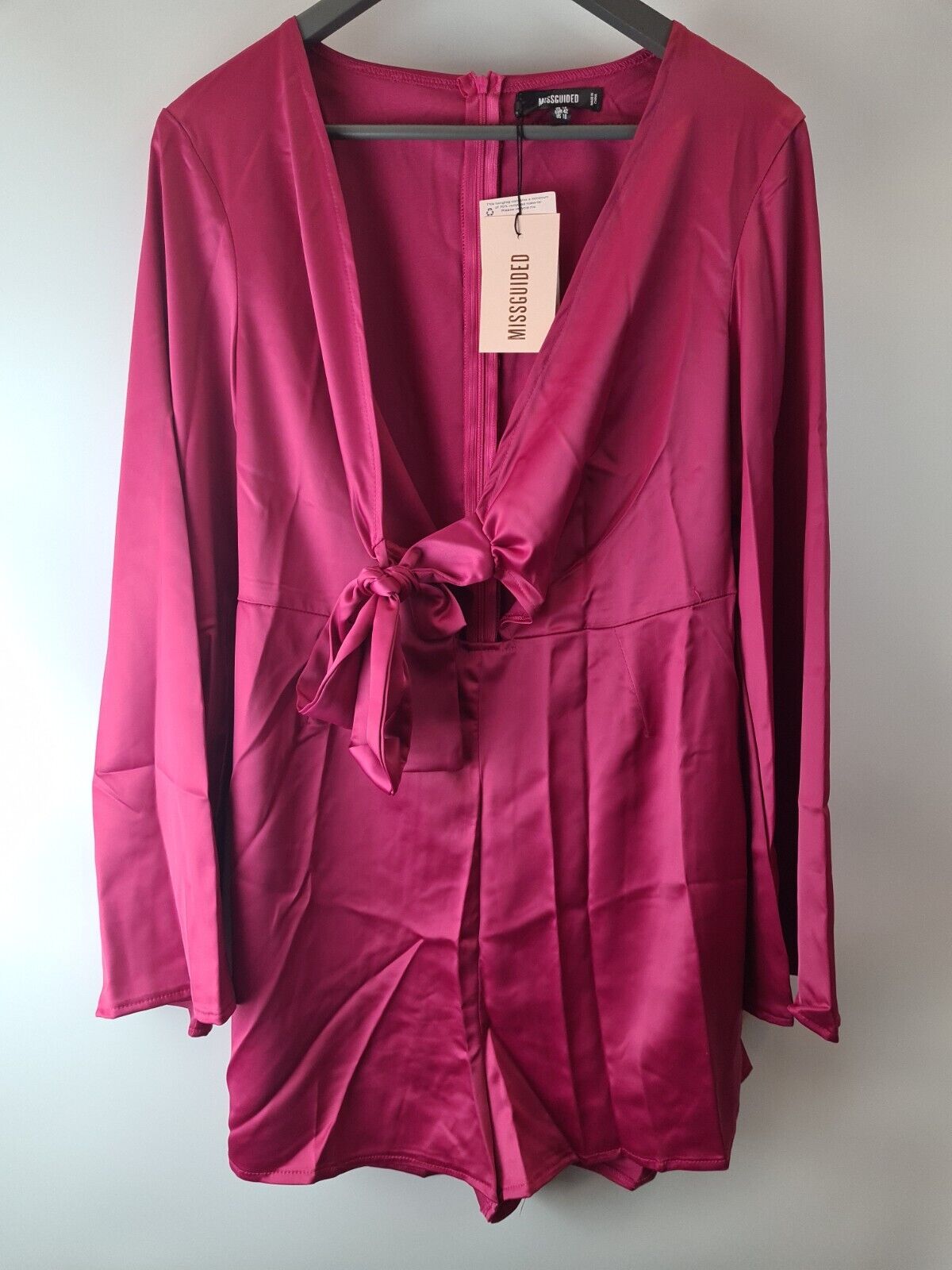 Missguided Satin Tie Front Flare Sleeves Hot Pink Playsuit Size 14.
