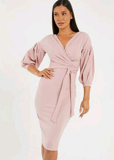 Quiz Blush Scuba Crepe 3/4 Sleeve Wrap Midi Dress Size 8  *** SW4