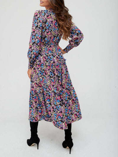 Multicoloured Floral Wrap Tiered Midi Dress Size 10 ** V522