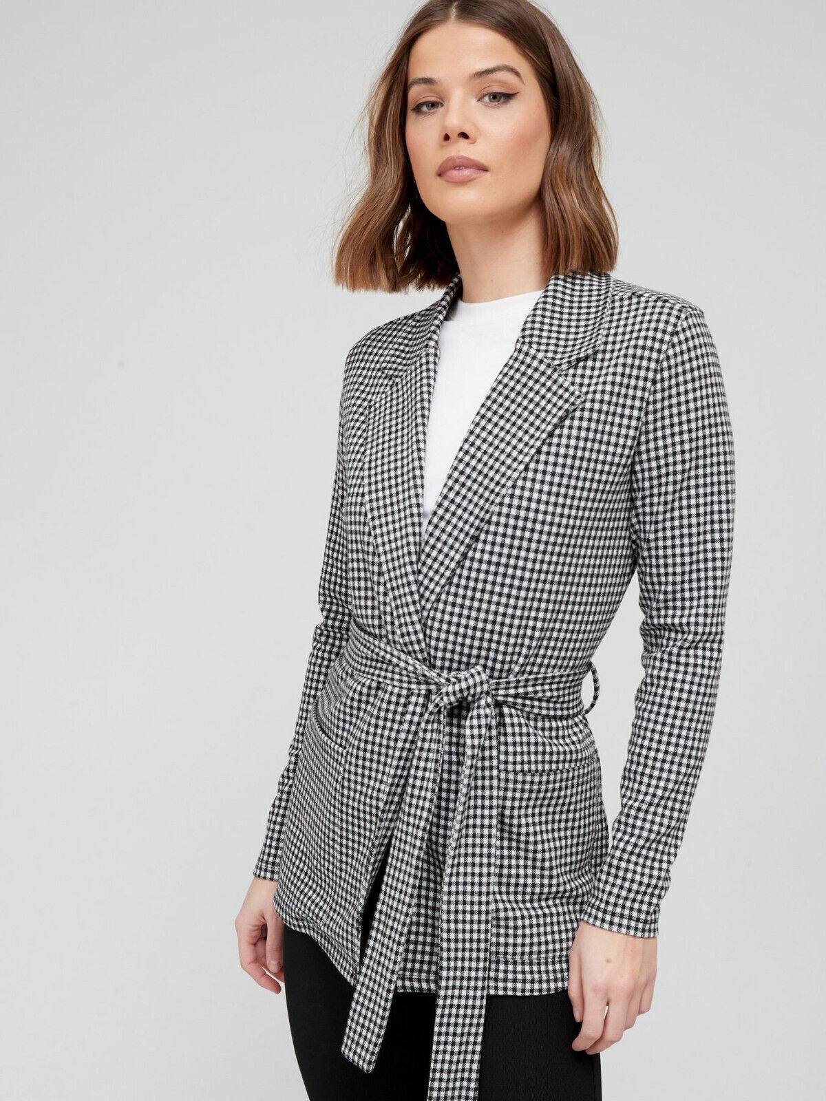 Check Houndstooth Soft Jersey Belted Blazer Size 12 **** V404