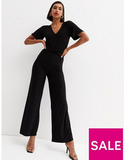 New Look Black Short Sleeve Knot Front Wide Leg Jumpsuit Black Uk12****Ref V541