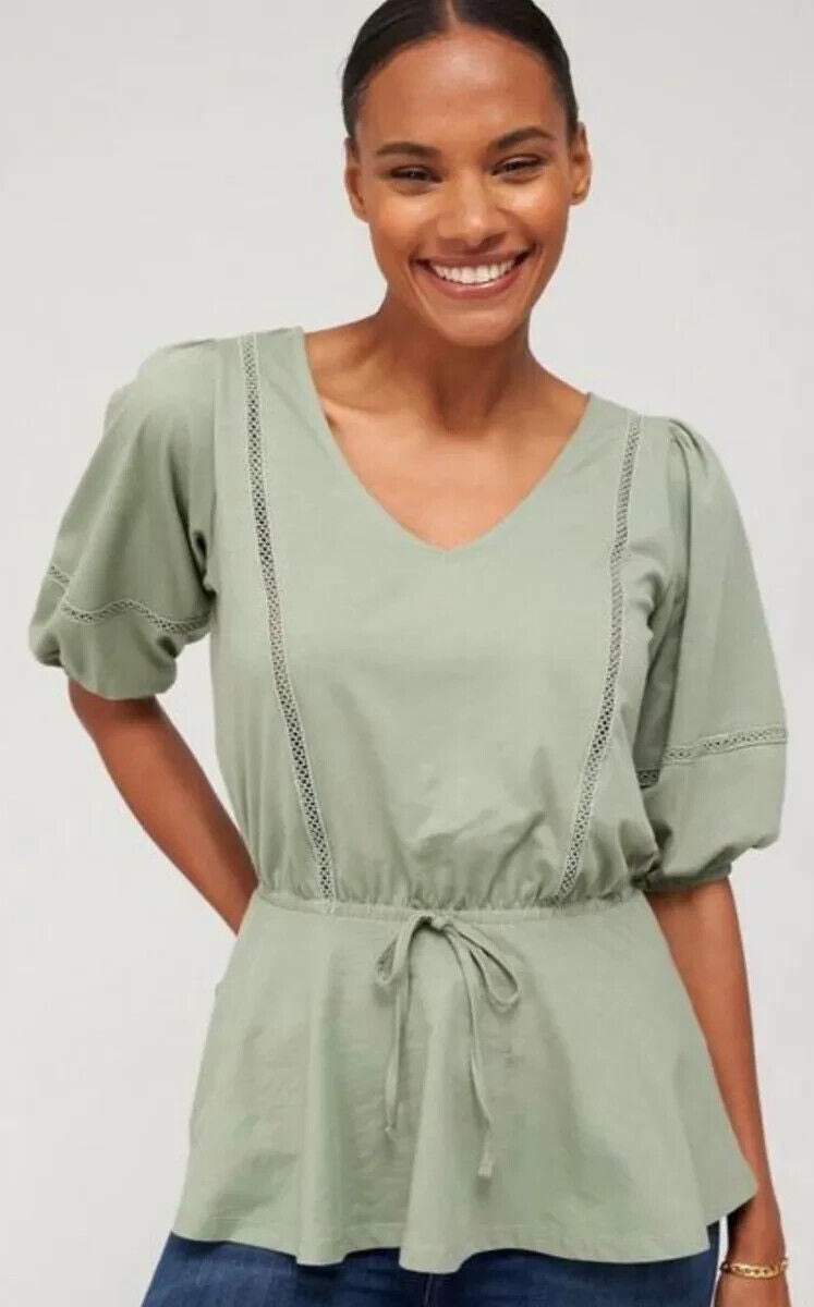 Khaki Green Ladder Trim V Neck Jersey Top Size 12 *** SW11