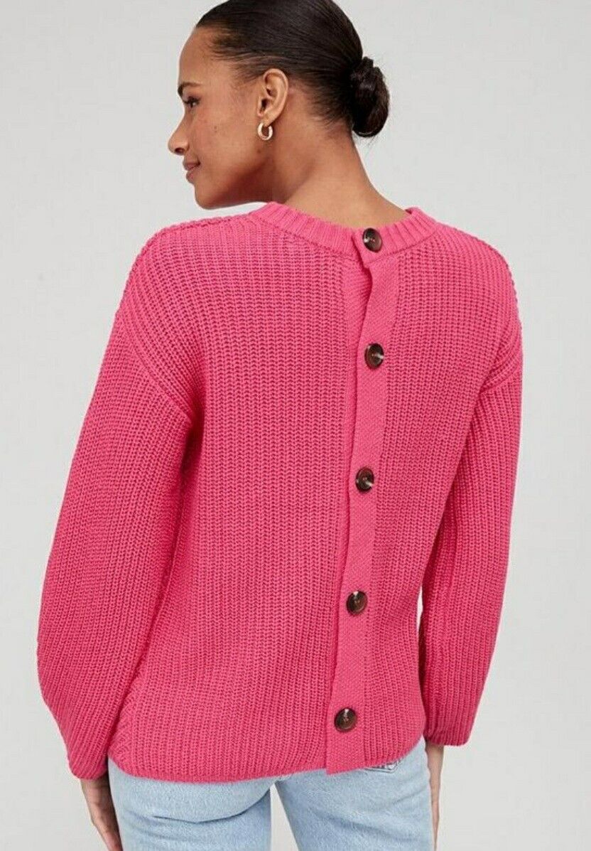 Knitted Button Back Ribbed Jumper Bright Pink Uk12****Ref V488