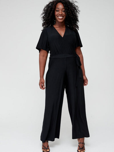 Black Slinky Angel Sleeve Wrap Jumpsuit Size 18 ** V237