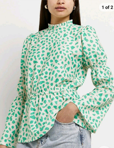 River Island Spot Print Peplum Hem Blouse - Green. UK 6 **** Ref V549