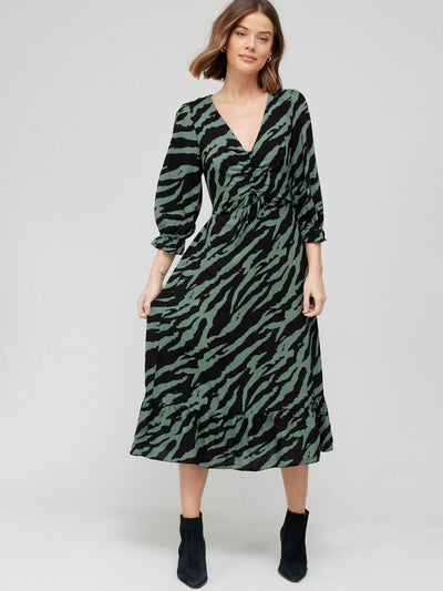 Green Animal Print Ruched Front Midi Dress Size 8 **** V469