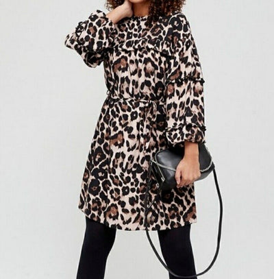 Ruffle detail Animal Print Dress Long Sleeve Uk12****Ref V382