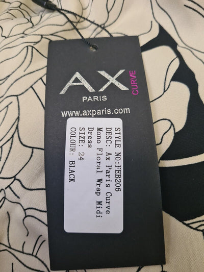 Ax Paris Curve Mono Floral Wrap Midi Dress Size 24 **** V29