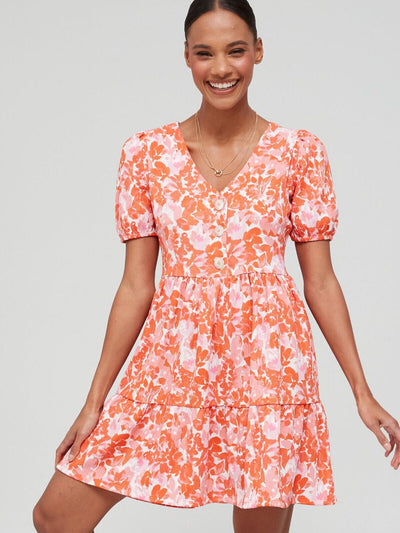 Womens Button Tiered Crinkle Mini Dress – Peach Print. UK 20. ****V22