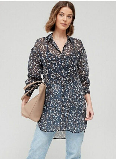 Sheer Floral Print Shirt Navy Floral UK 14 ****Ref V456