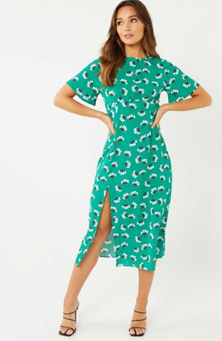 Quiz Green Floral Midi Slit Dress Green UK 12.