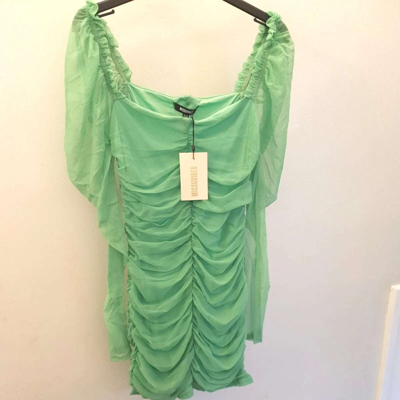 Missguided Mesh Ruched Long Sleeve Mini Dress Green Uk16 **** V100