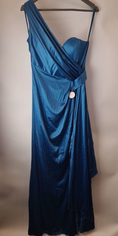 Chi Chi London One Shoulder Satin Maxi Teal Dress Size 12 **** V31