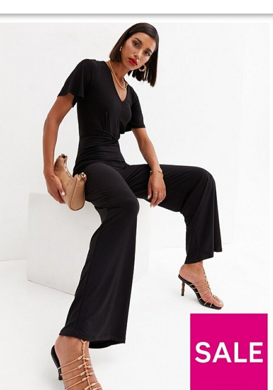 New Look Black Short Sleeve Knot Front Wide Leg Jumpsuit Black Uk12****Ref V541