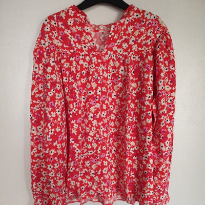 Red Floral Print Blouse High Neck Size 12 **** V482