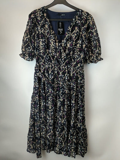 Quiz Navy Purple Embroidered Short Sleeved Midi Dress Size UK 10 **** V470