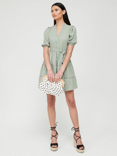 Tiered Button Up Mini Dress - Sage Green. UK 14 ** SW4