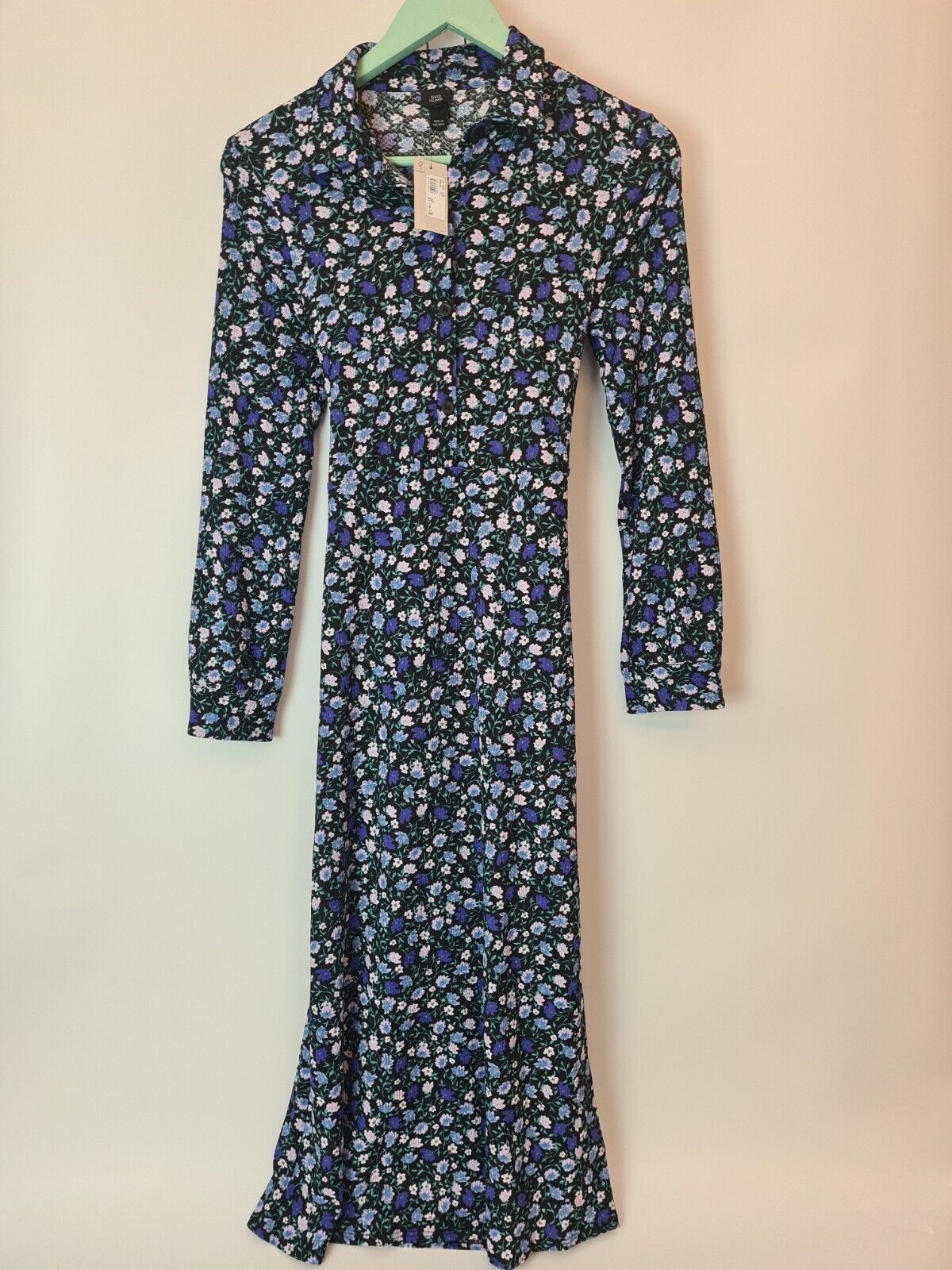 River Island Floral Long-Sleeve Black/Blue Dress Size 10 **** V268