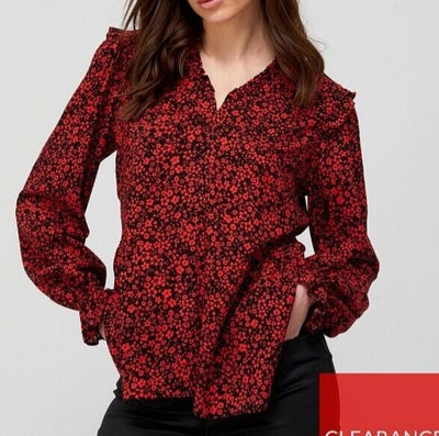 Womens Red Floral Print V Neck Ruffle Detail Blouse Size 12 **** V308