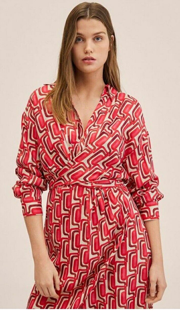 Mango Printed Midi Dress Wrap Dress Red Uk14****Ref V440