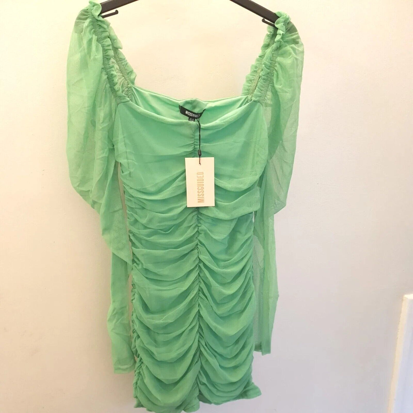 Missguided Mesh Ruched Long Sleeve Mini Dress Green Uk16 **** V206