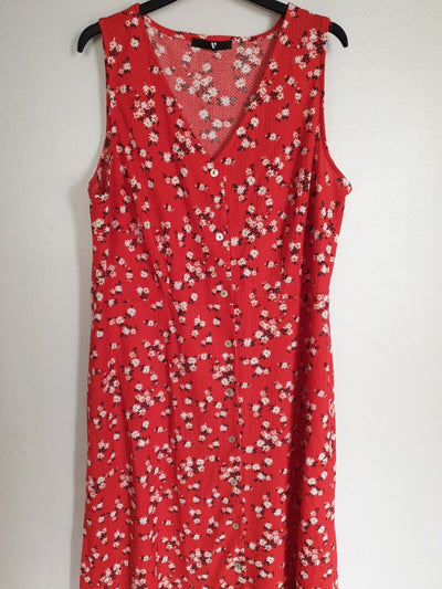 Red Floral Midi Dress V-Neck UK 10 ****Ref V481