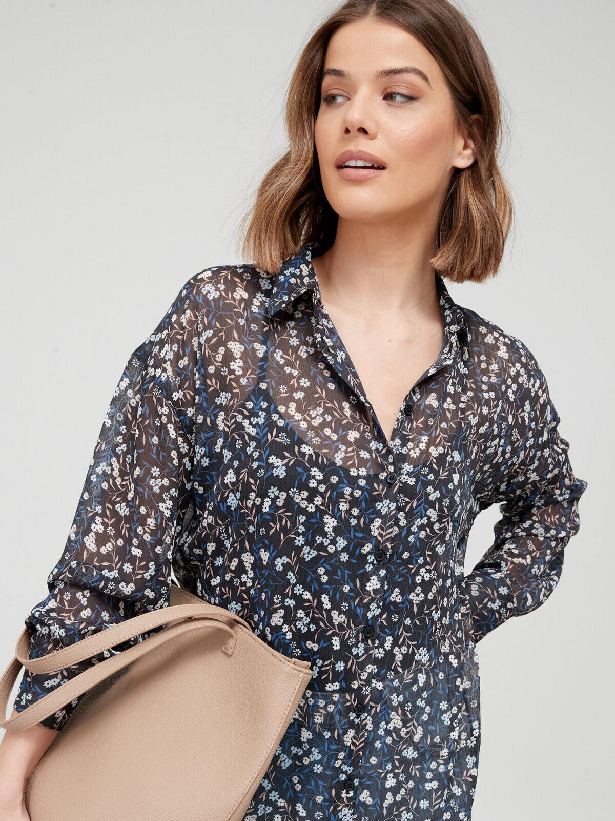 Womens Longline Printed Shirt – Blue. UK14. V203