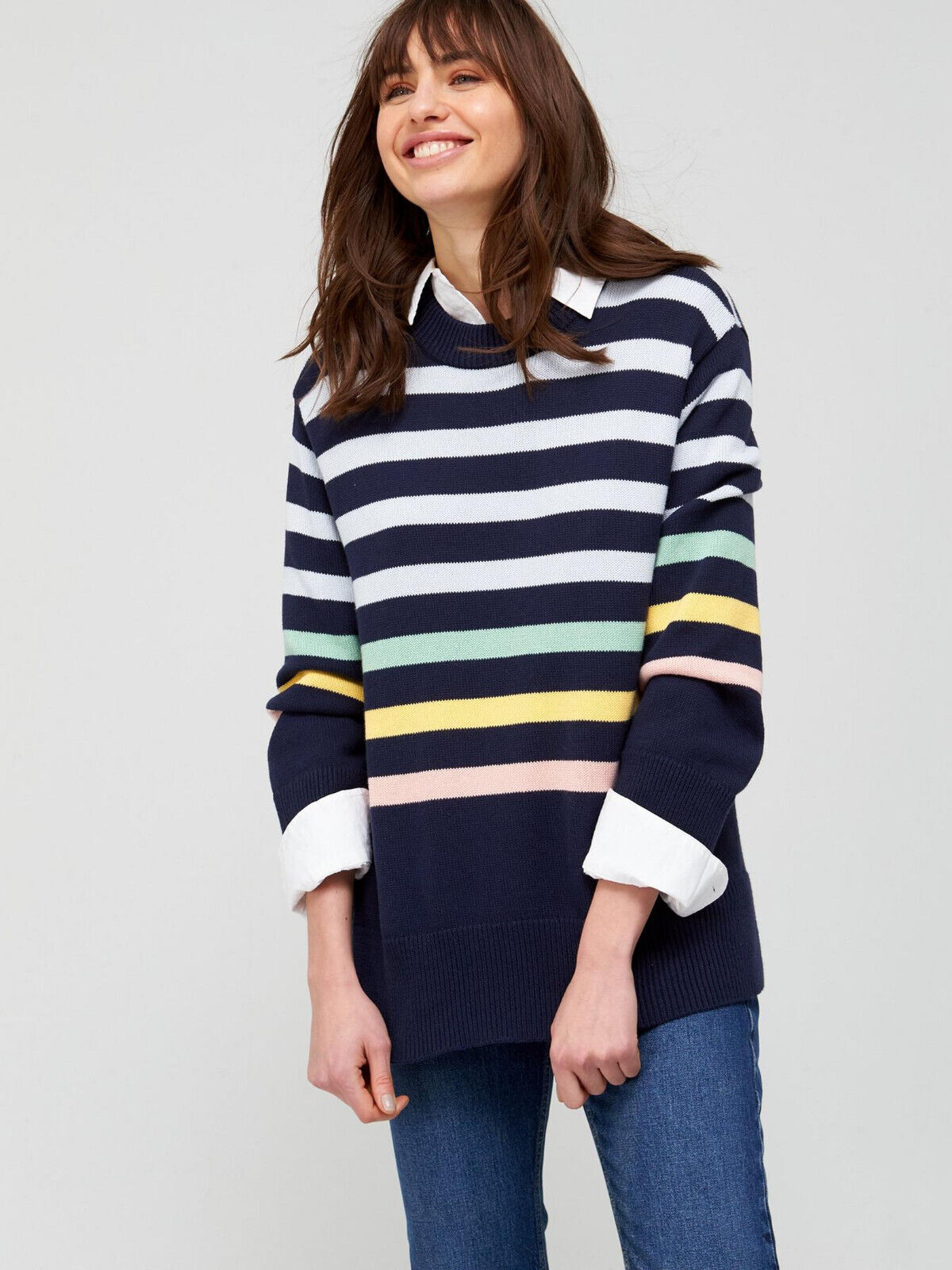 Knitted Multi Stripe Jumper Oversized - Navy/Multi. UK M **** V449