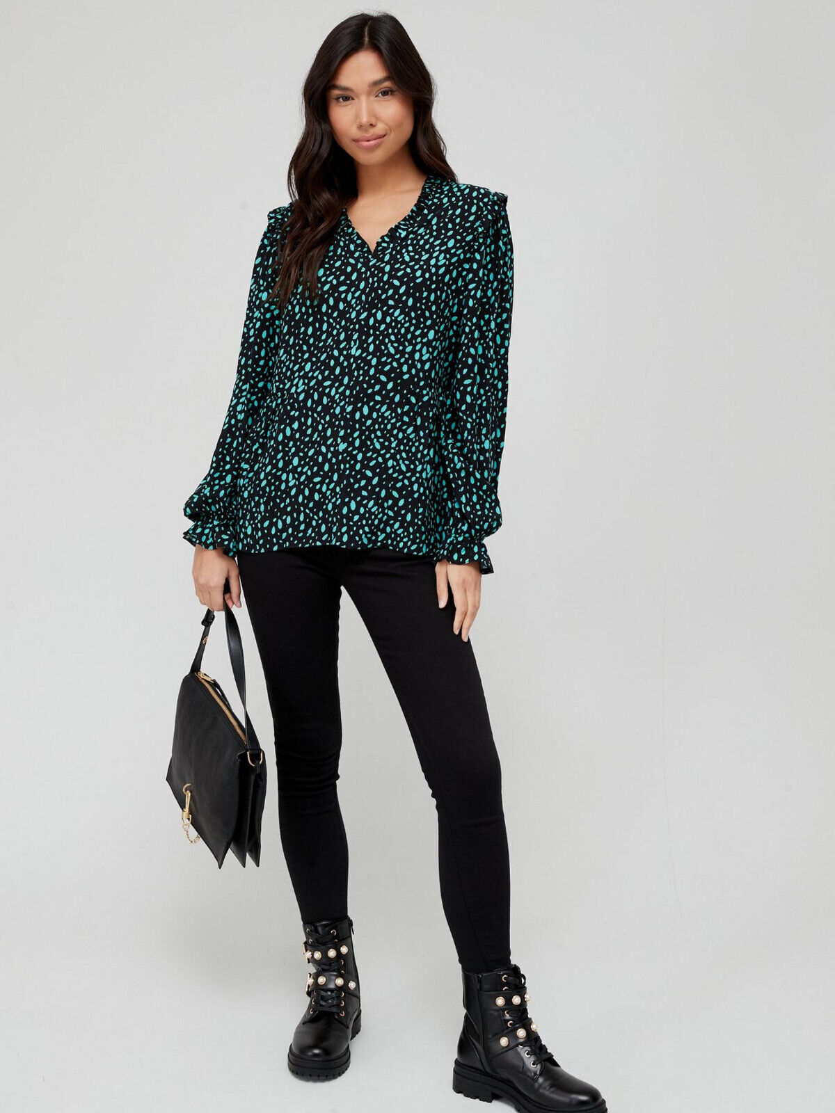 Womens V-Neck Ruffle Detail Blouse - Animal Print. Black. Size 16 **** V513