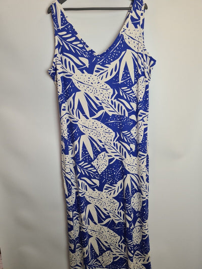 Blue And White Leaf Design Sleeveless V Neck Dress Size 22 **** V232