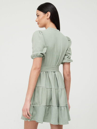 Tiered Button Up Mini Dress - Sage Green. UK 18. V515