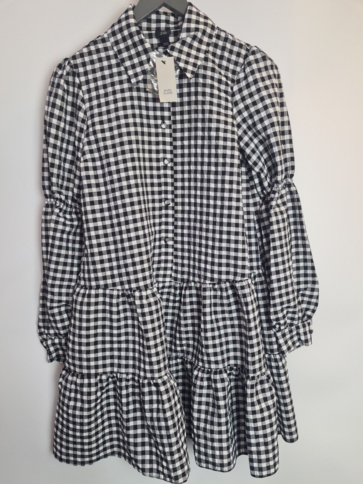 River Island Check Print Tiered Shirt Dress. Black And White Size 6 **** V84