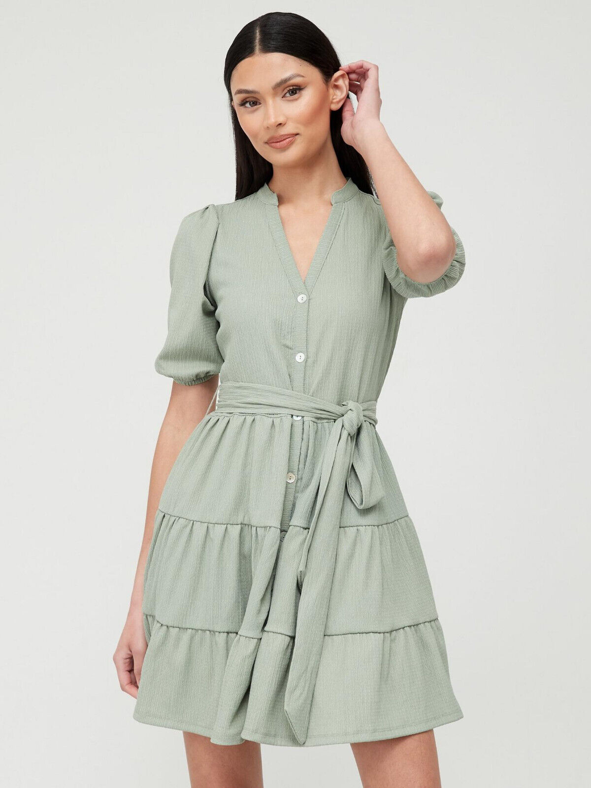 Tiered Button Up Mini Dress - Sage Green. UK 18. V515