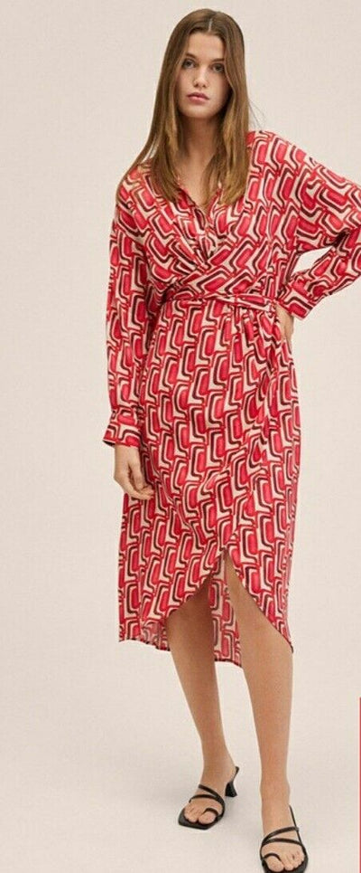 Mango Printed Midi Dress Wrap Dress Red Uk14****Ref V440