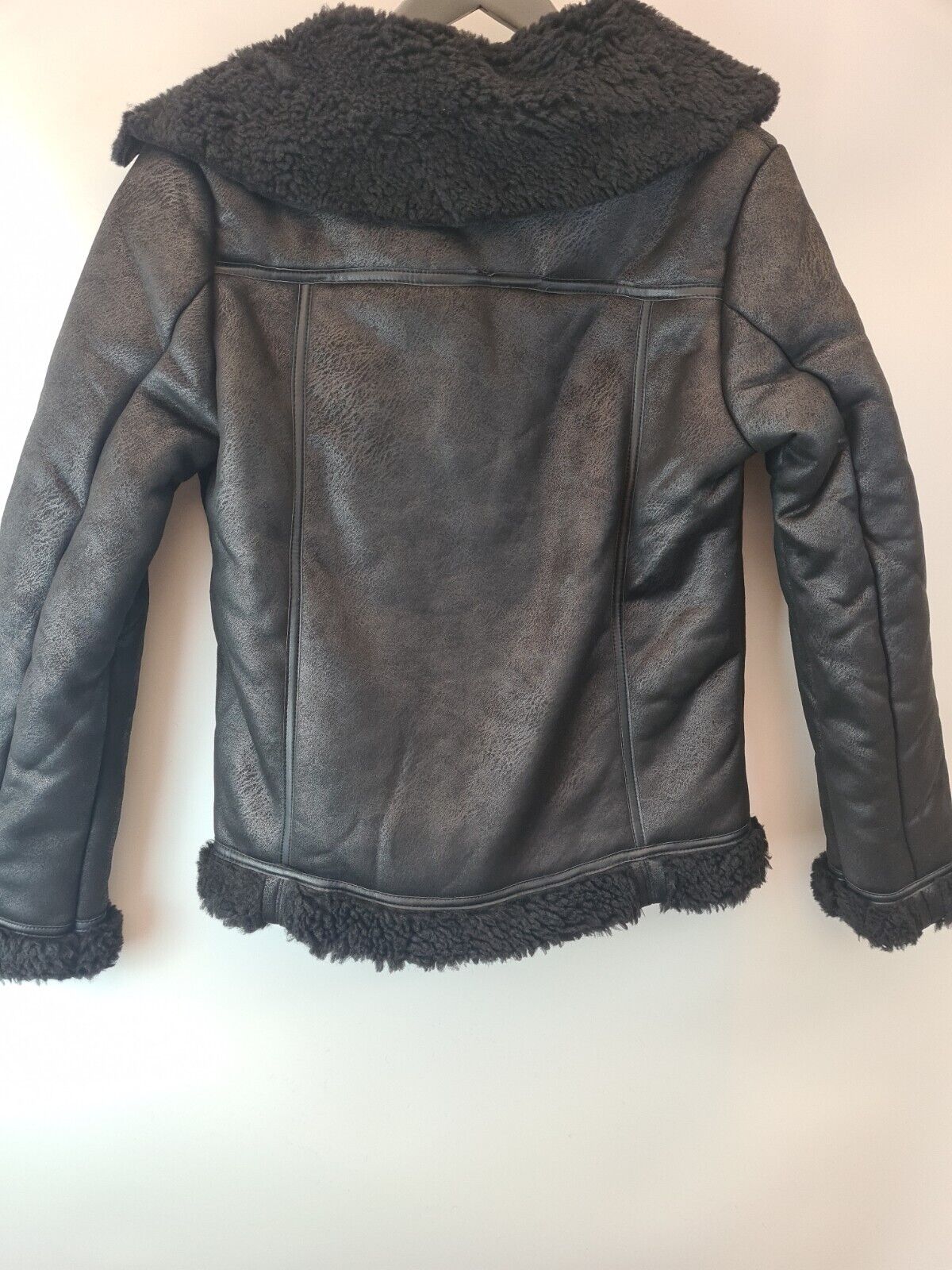 Michelle Keegan Longline Faux Shearling Black Biker Jacket Size UK 10 **** V75